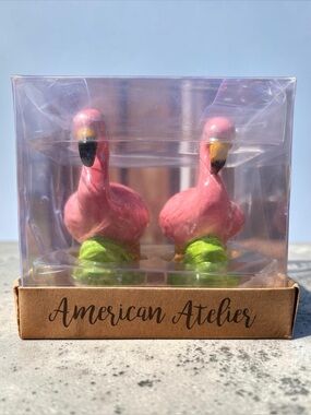 VINTAGE AMERICAN ATELIER PINK FLAMINGO SALT & PEPPER SHAKER SET NIB